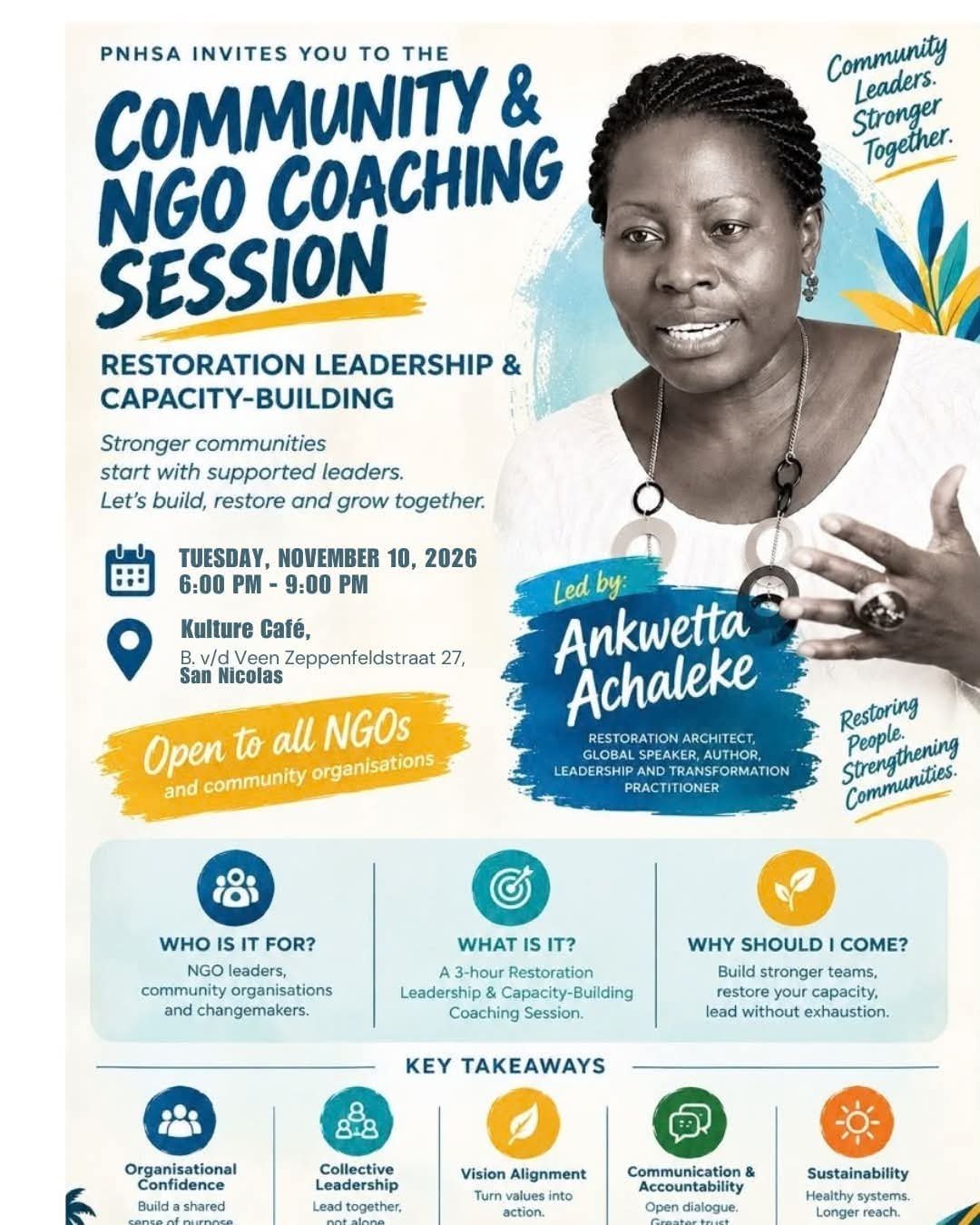 Flyer for the PNHSA Community & NGO Coaching Session led by Ankwetta Achaleke, Tuesday 10 November 2026, 6:00–9:00 pm at Kulture Café, San Nicolas.