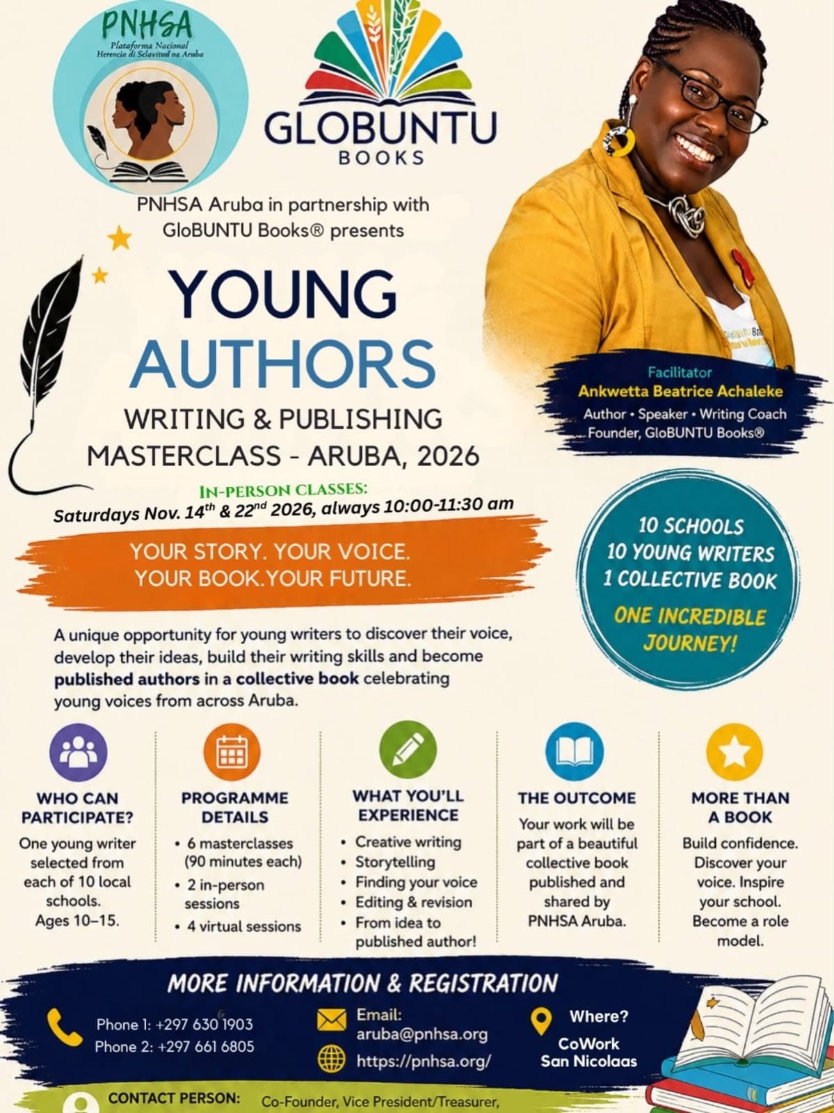 Flyer for the Young Authors Writing & Publishing Masterclass – Aruba 2026, presented by PNHSA Aruba and GloBUNTU Books, with facilitator Ankwetta Beatrice Achaleke.